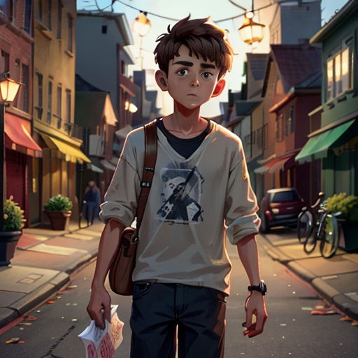a boy walking down a street with a bag in his hand and a backpack on his shoulder, in a cartoon
