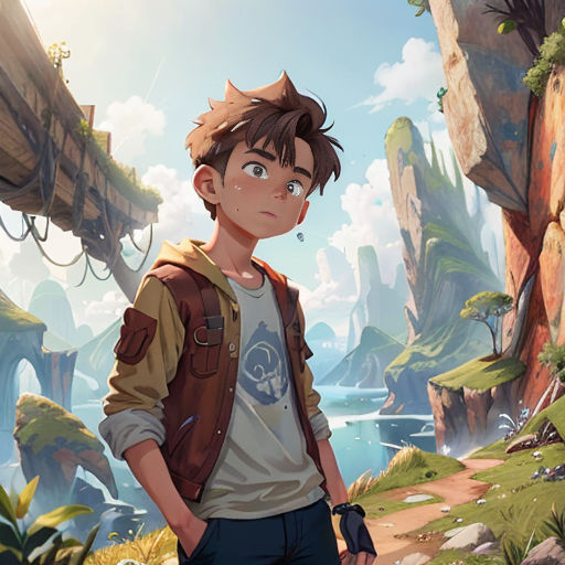 a boy standing in front of a cliff with a forest and a river in the background, in a cartoon style