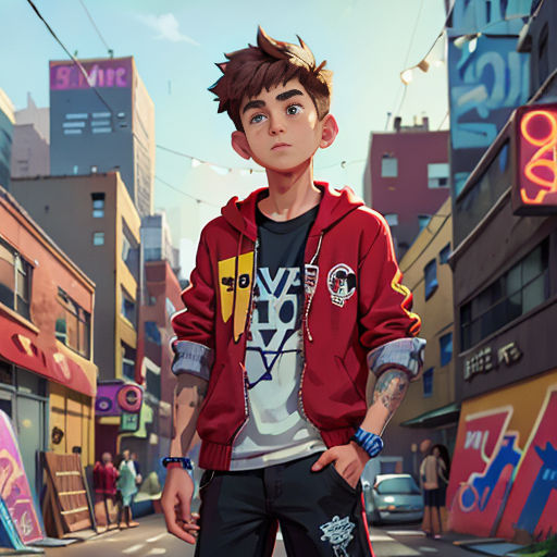 a boy in a red jacket standing on a city street with a skateboard in his hand and a cityscape in the background