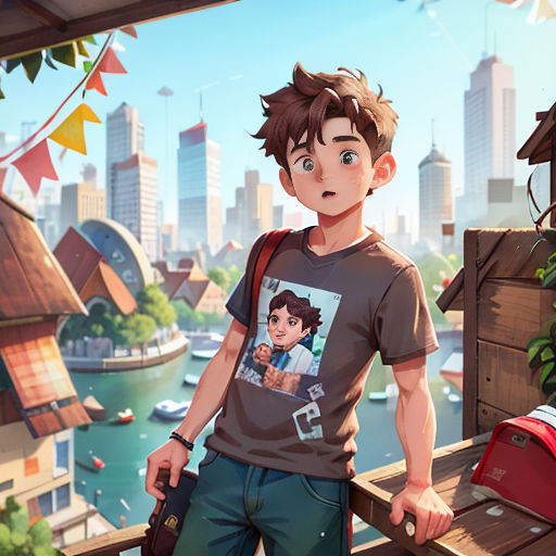 a boy standing on a balcony with a city in the background and a painting of a boy on the wall