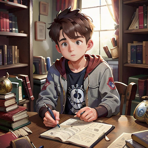 a boy sitting at a table with a book and pen in his hand and a book on the table