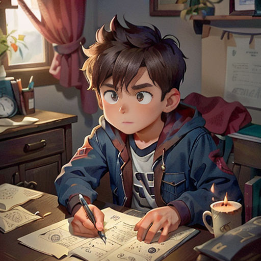 a boy sitting at a desk with a pen and paper in front of him and a cup of coffee