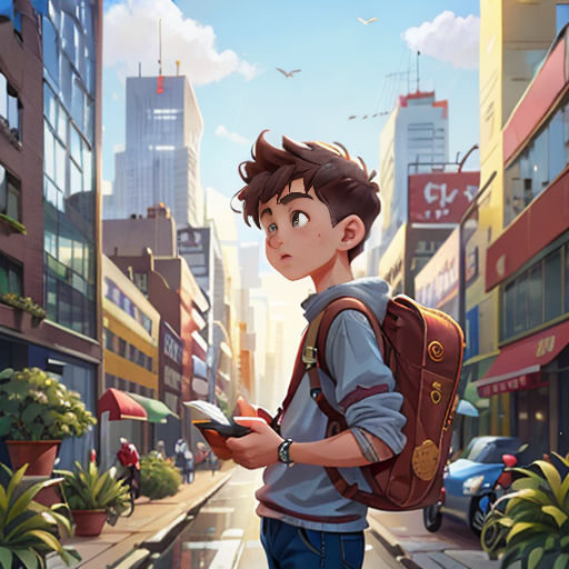 a boy with a backpack is looking at his cell phone in the city street, with a bird flying overhead