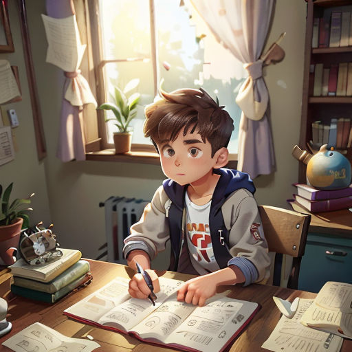 a boy sitting at a table with a book and pen in his hand and a book open to a page