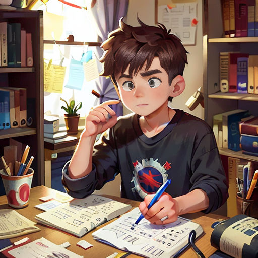 a boy sitting at a desk with a pen and paper in his hand and a book on the desk