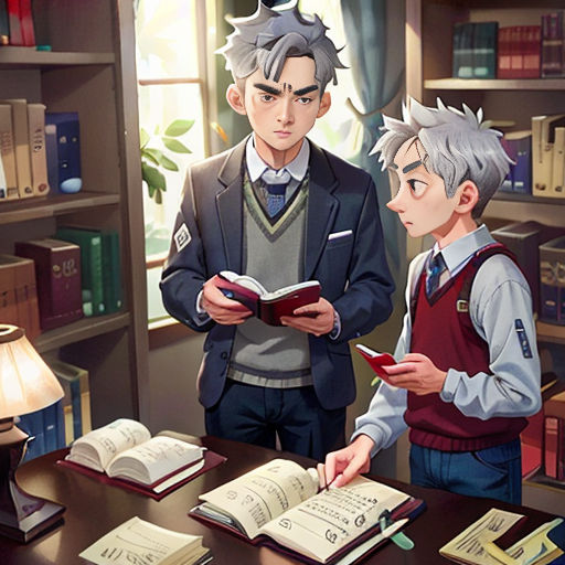 a couple of people standing in front of a table with books on it and a lamp on top of it