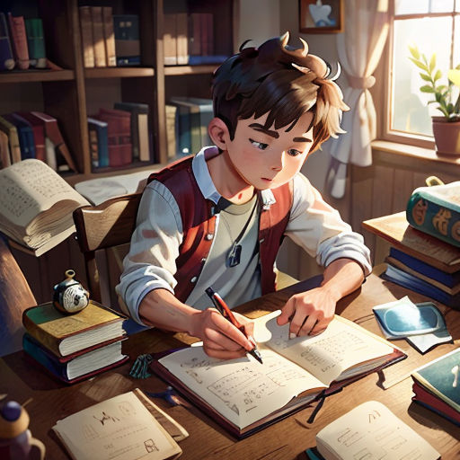 a boy sitting at a desk with a book and pen in his hand and a book on the desk
