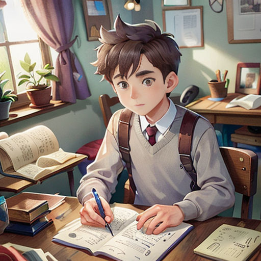 a boy sitting at a desk with a book and pen in his hand and a book open to him