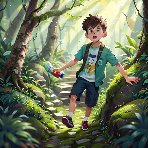 a boy is walking through a forest with a backpack and a bottle of water in his hand and a backpack on his shoulder