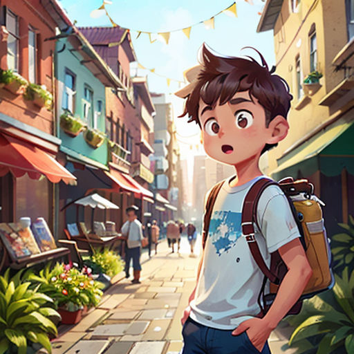 a boy with a backpack standing on a street corner in front of a building and a sign that says, the secret of the lost city