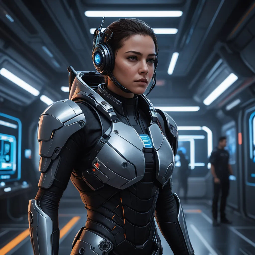 a woman in a futuristic suit with headphones on and a man in a suit in the background looking at the camera, retrofuturism, computer graphics, Eve Ryder, unreal engine 5 highly rendered