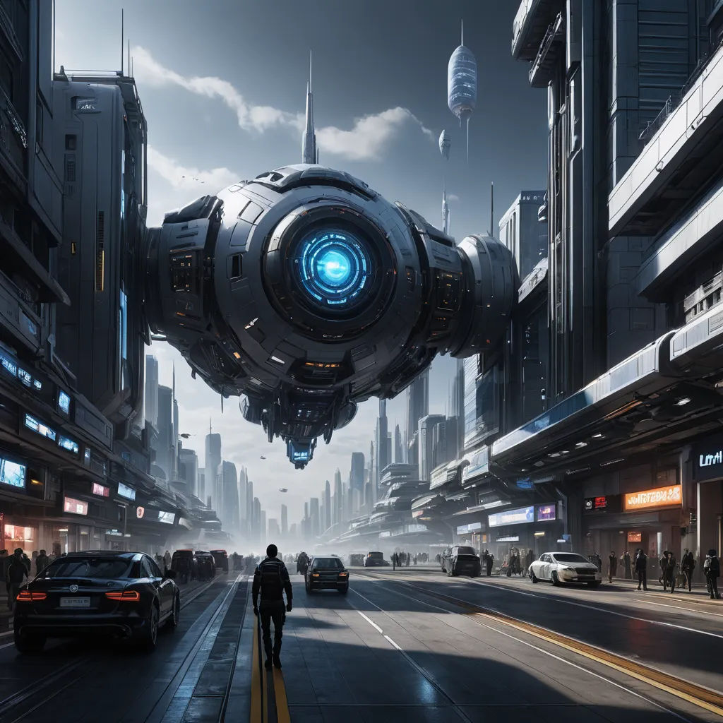 a man walking down a street next to a giant robot like object in the middle of a city with tall buildings, retrofuturism, cyberpunk art, Eddie Mendoza, star citizen halo