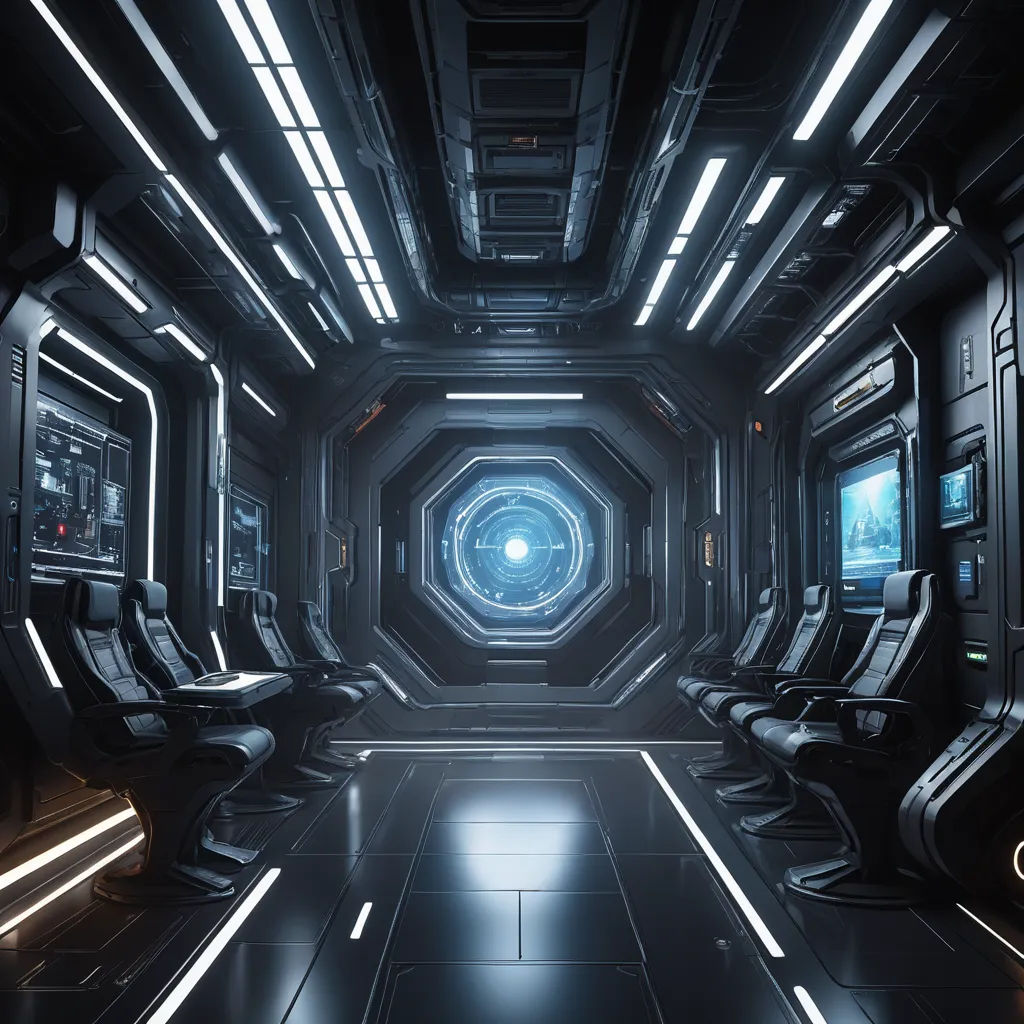 a futuristic looking room with a lot of chairs and lights on the ceiling and a large window in the center, space art, computer graphics, Eve Ryder, star citizen halo