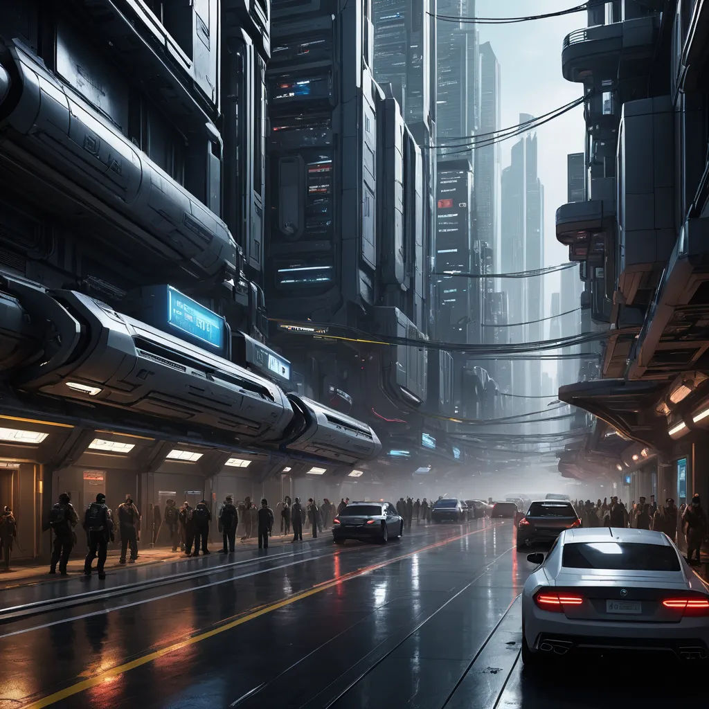 a city street with cars and people walking on the sidewalk at night time with buildings and people walking on the sidewalk, futurism, a detailed matte painting, Filip Hodas, star citizen halo