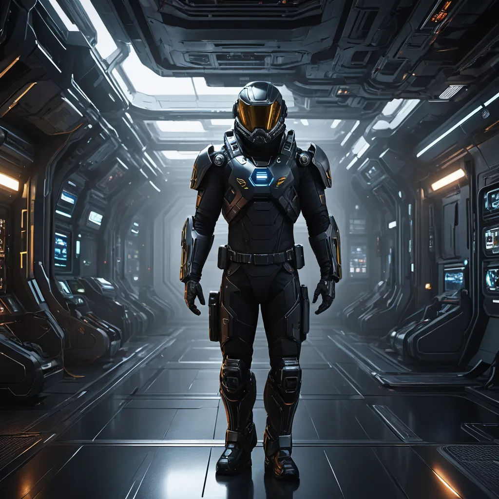 a man in a sci - fi suit standing in a dark room with lights on the ceiling and a sci - fi helmet on, space art, concept art, Eve Ryder, star citizen halo