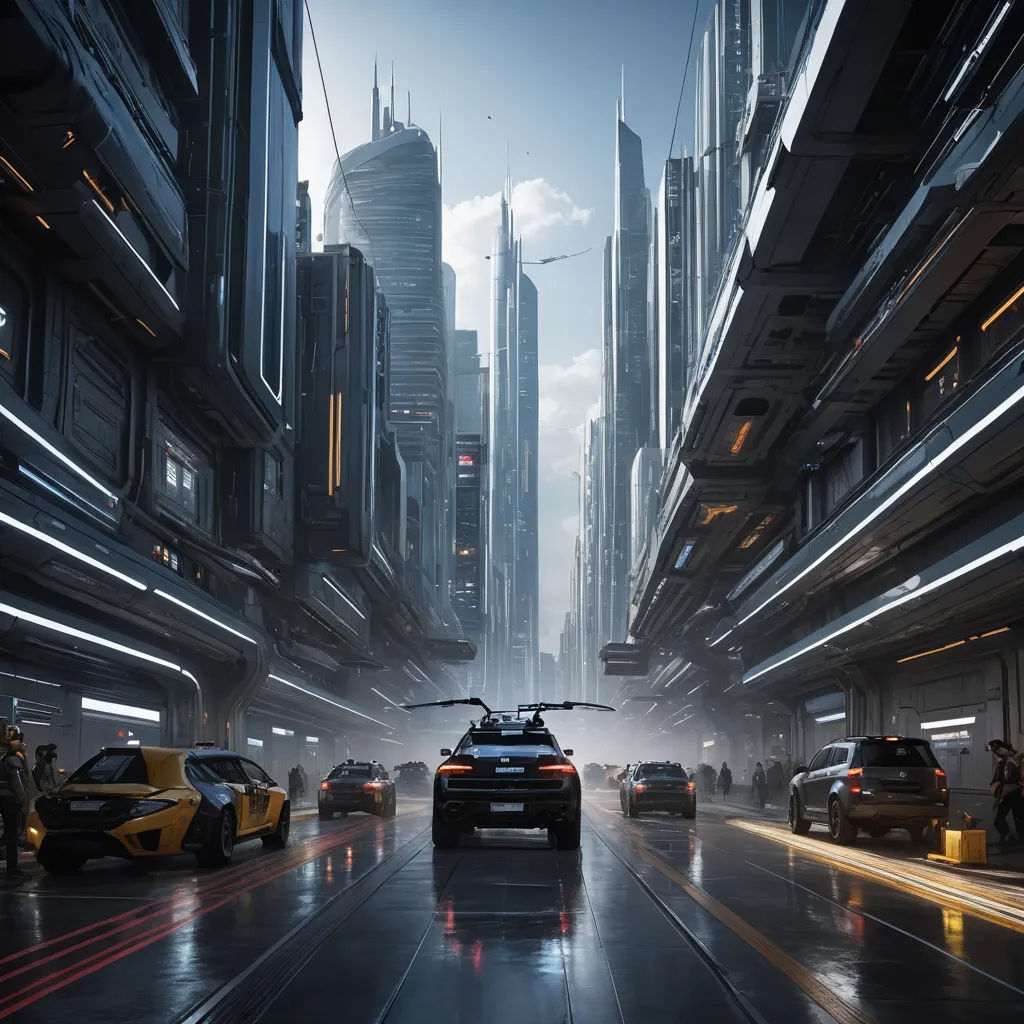 a futuristic city with cars driving down the street in the rain and skyscrapers in the background, with a person standing on the sidewalk, futurism, a detailed matte painting, Cedric Peyravernay, unreal engine 4k