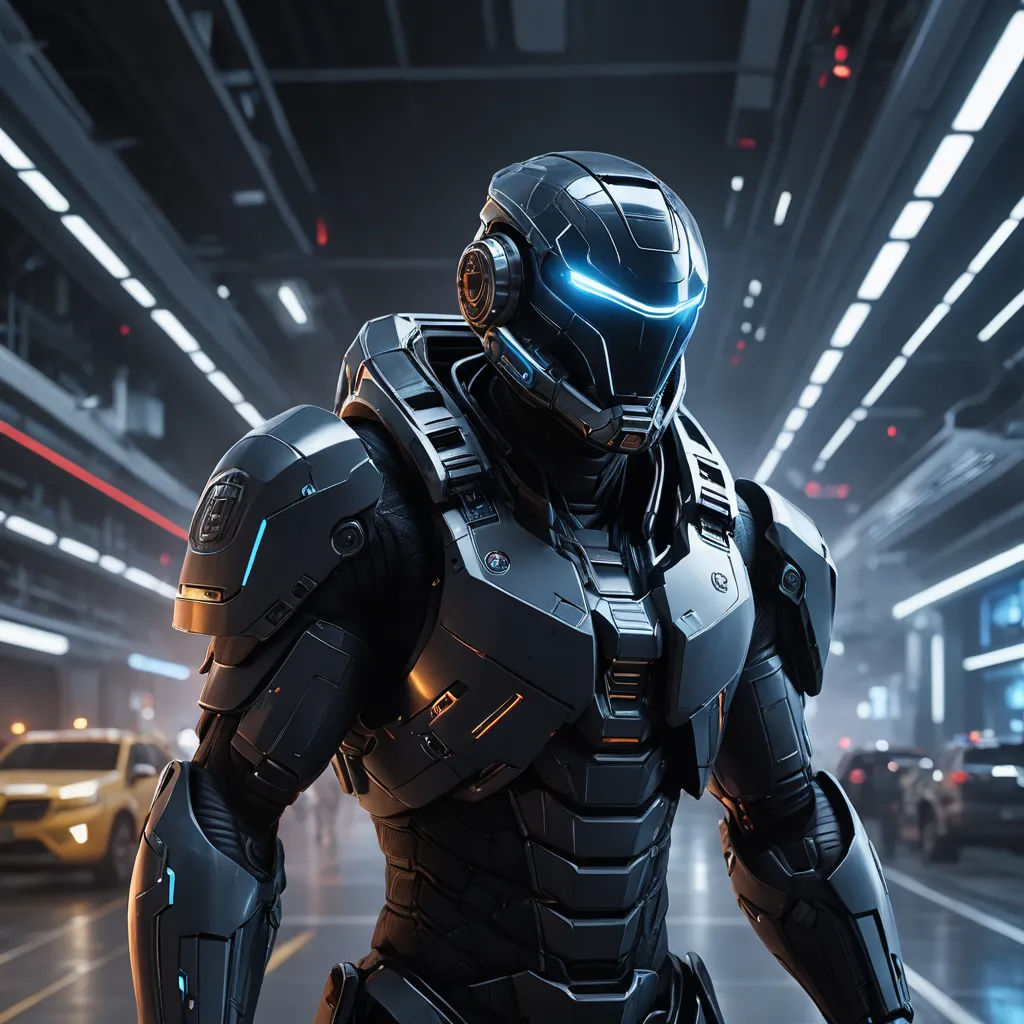 a man in a futuristic suit standing in a dark tunnel with cars behind him and a car in the background, futurism, concept art, Eve Ryder, unreal engine 5 highly rendered