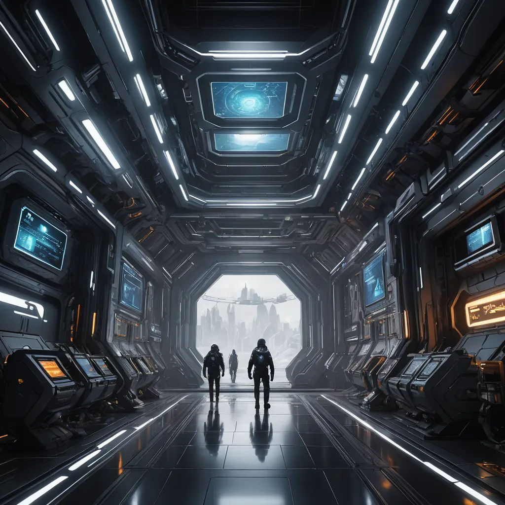 a sci - fi scene with two people walking through a tunnel with lights on the ceiling and a view of a distant city, space art, computer graphics, Filip Hodas, sci fi
