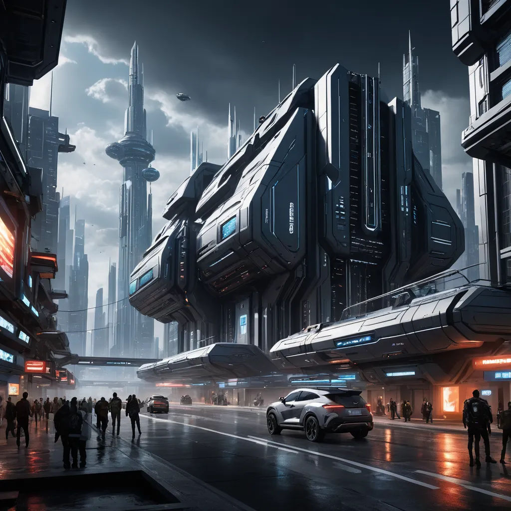 a futuristic city with a futuristic futuristic building and a futuristic car in the foreground, and people walking on the sidewalk, retrofuturism, a detailed matte painting, Christopher Moeller, matte painting concept art