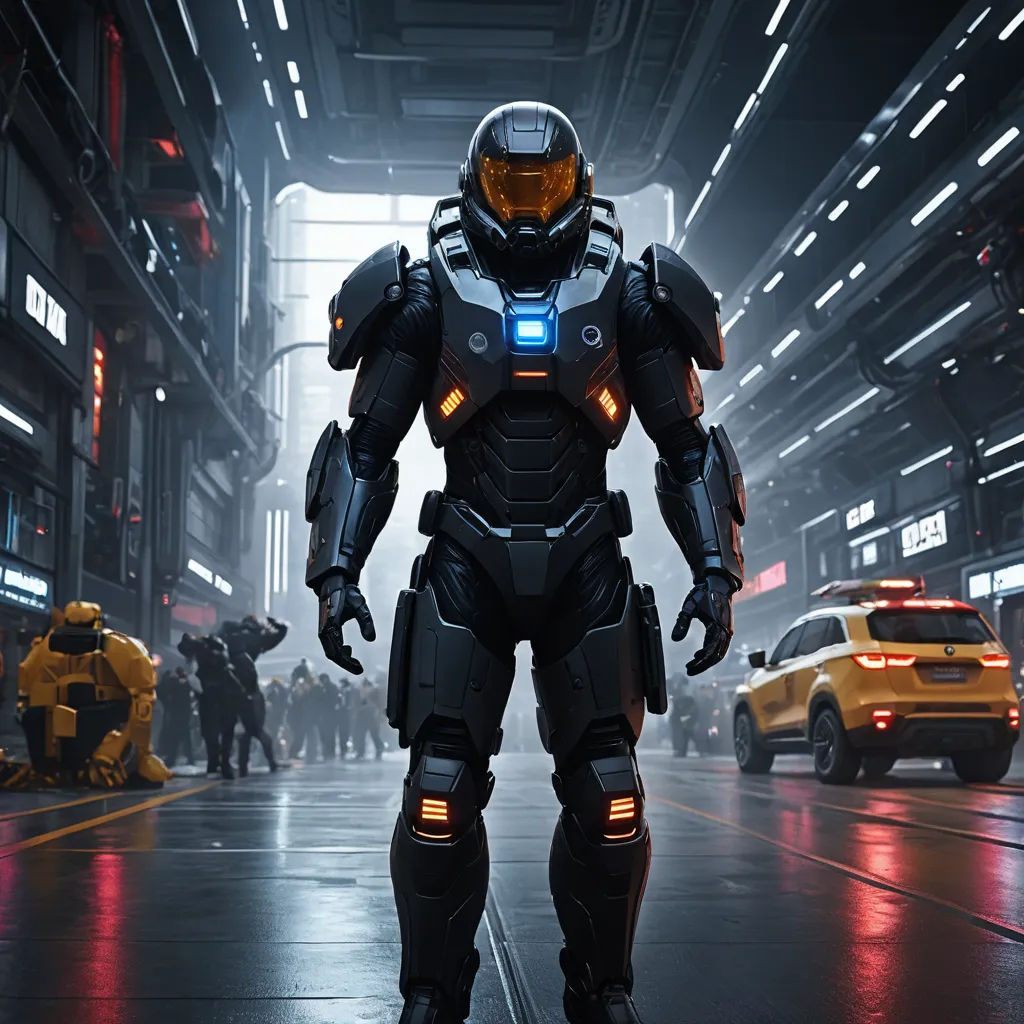 a robot standing in a large industrial area with a yellow car in the background and a yellow vehicle in the foreground, futurism, concept art, Eddie Mendoza, unreal engine 5 highly rendered