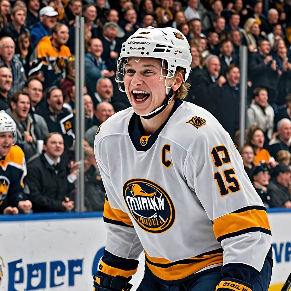 a hockey player is smiling and looking at the camera while a crowd watches him from the sidelines of the ice, regionalism, a renaissance painting, Don Eddy, gritty