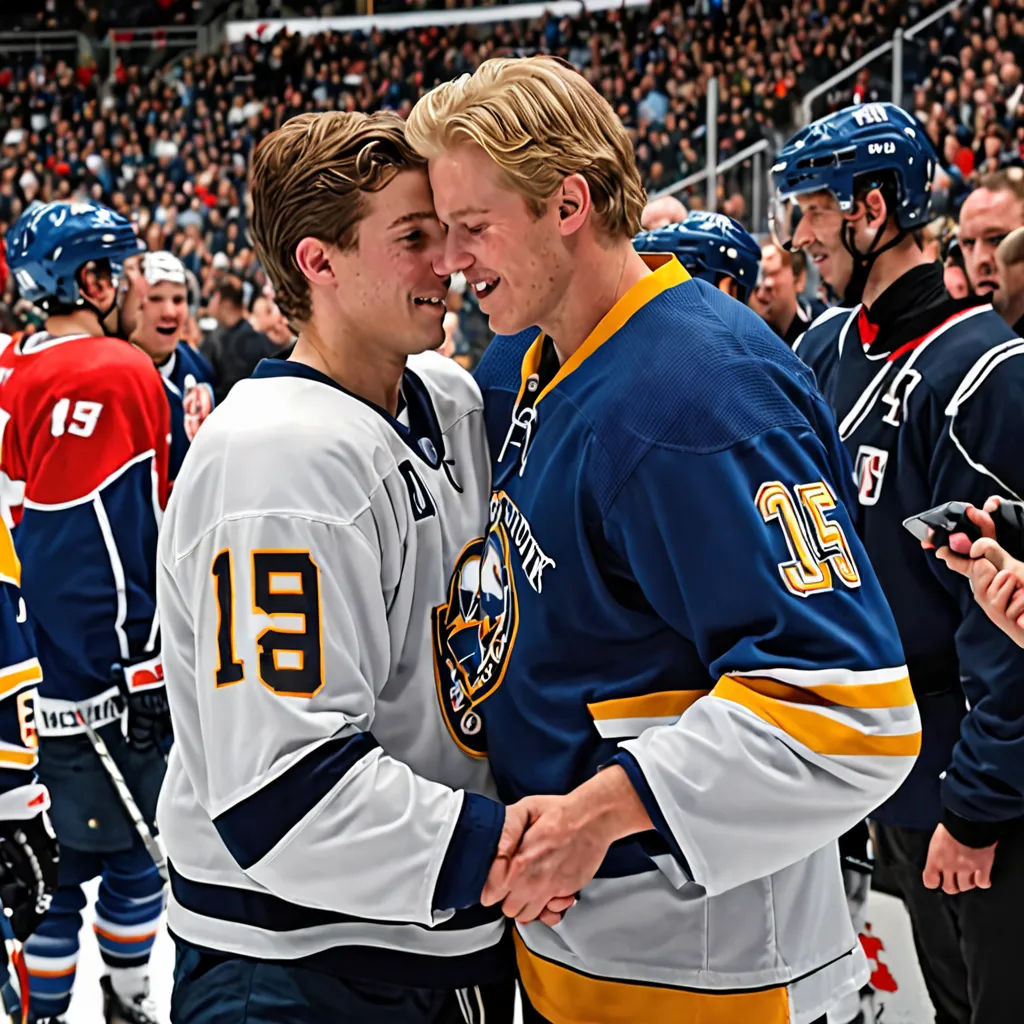 two young men standing next to each other on a hockey field with fans in the stands watching them from the stands, neo-romanticism, a renaissance painting, Bálint Kiss, renaissance painting