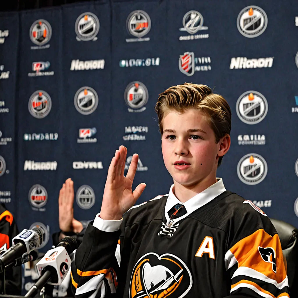 a young hockey player is giving a press conference for the penguins on a black background with a microphone in front of him, private press, a stock photo, Adam Paquette, official media