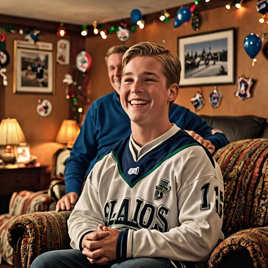a man sitting on a couch next to another man in a living room with balloons on the wall and a christmas tree, regionalism, a stock photo, Chris Spollen, promotional image