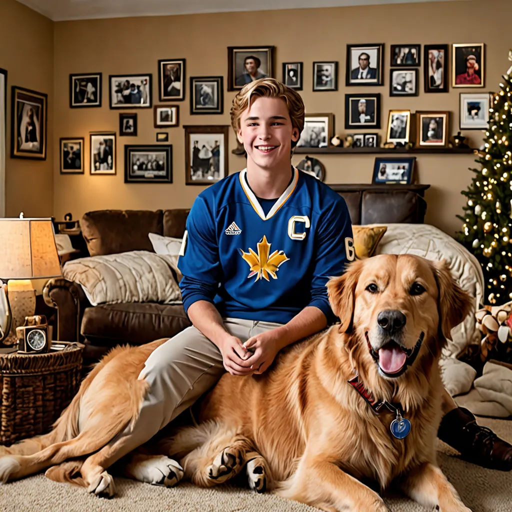 a man sitting on a couch with a dog in front of him and a christmas tree in the background, vancouver school, a stock photo, Andrew Domachowski, portrait photography