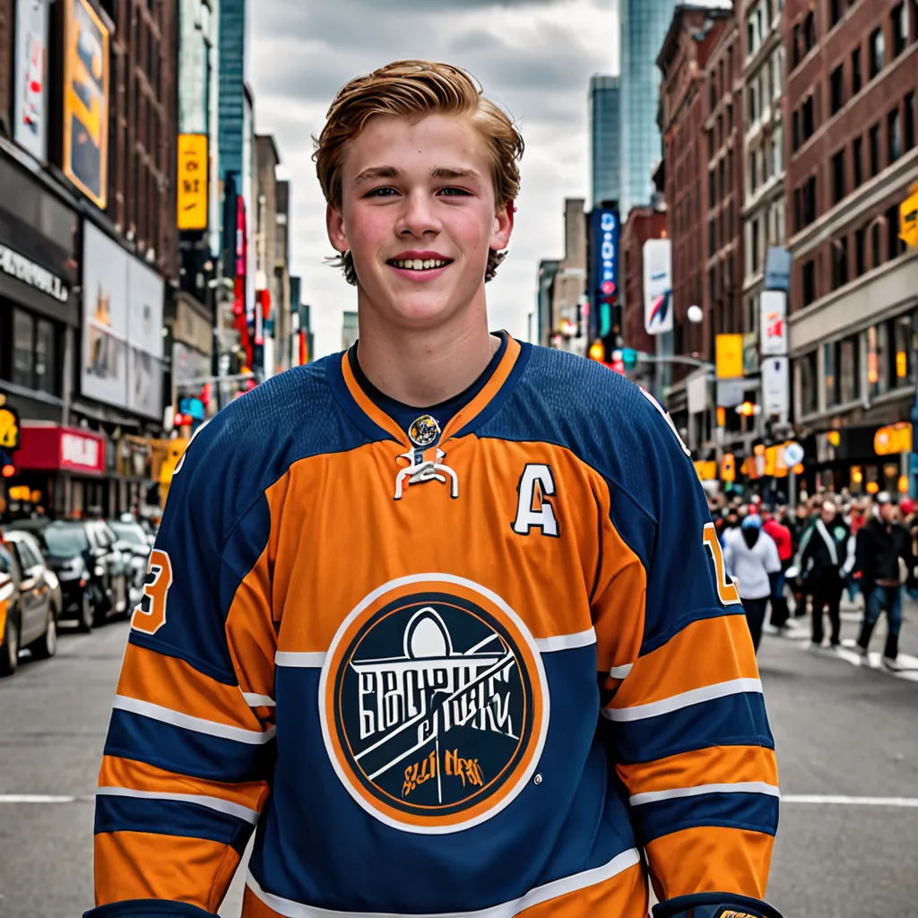 a young man in a hockey jersey standing on a street corner in a city with tall buildings and people, retrofuturism, a character portrait, Andrew Domachowski, gritty