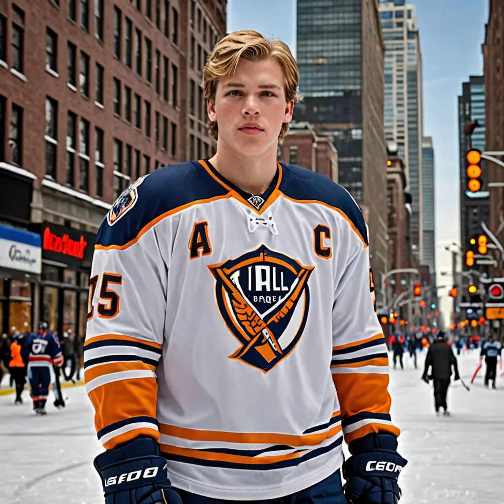 a man in a hockey jersey standing in the middle of a street with a city in the background and people walking around, hudson river school, a digital rendering, Adam Paquette, gritty
