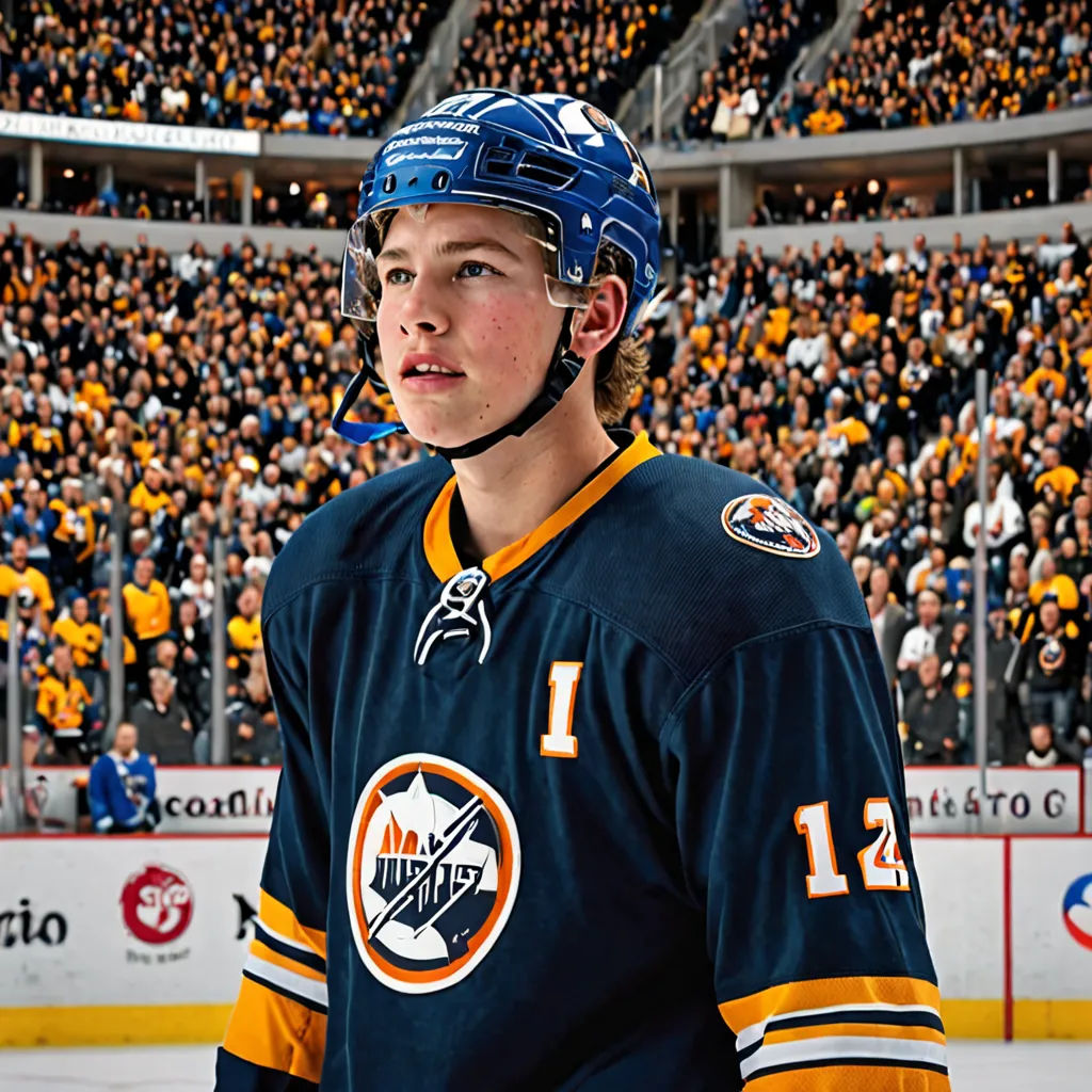 a young man in a hockey uniform standing in front of a crowd of people in a stadium with a hockey stick, fantastic realism, a renaissance painting, Adam Bruce Thomson, young