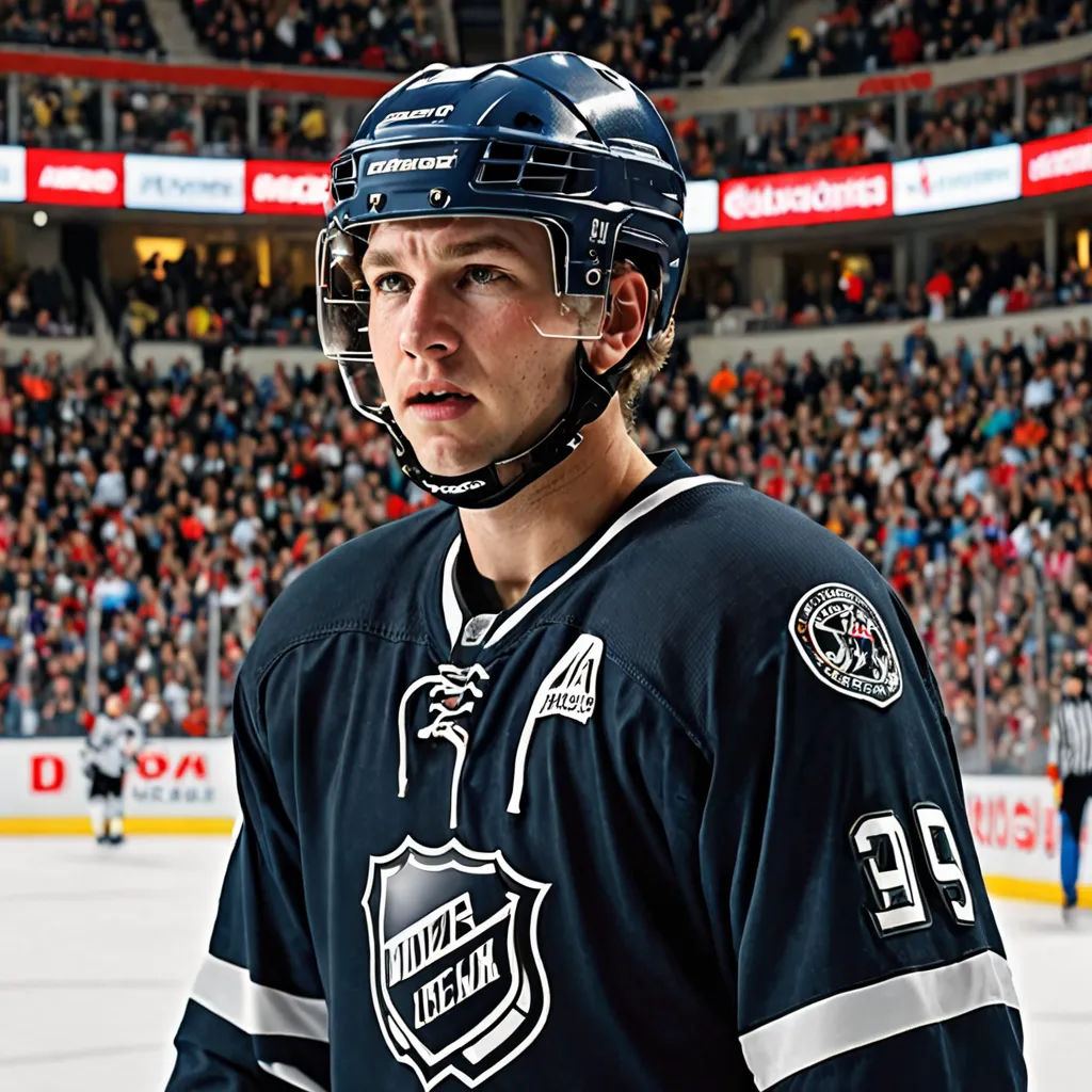 a hockey player is standing in front of a crowd of people in a stadium with a hockey helmet on, arts and crafts movement, a photorealistic painting, Adam Paquette, for aaa game
