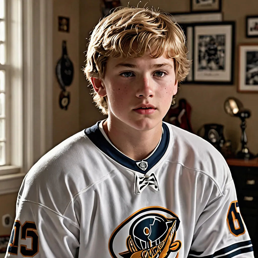 a young boy in a hockey jersey sitting in a room with a window and a clock on the wall, hyperrealism, a photorealistic painting, Drew Tucker, portrait photography