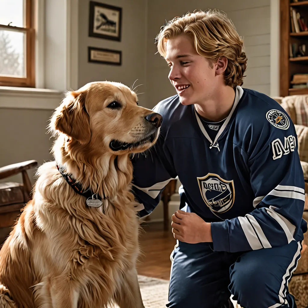 a boy in a hockey uniform petting a dog in a living room with a couch and chair in the background, regionalism, a stock photo, Adam Paquette, promotional image