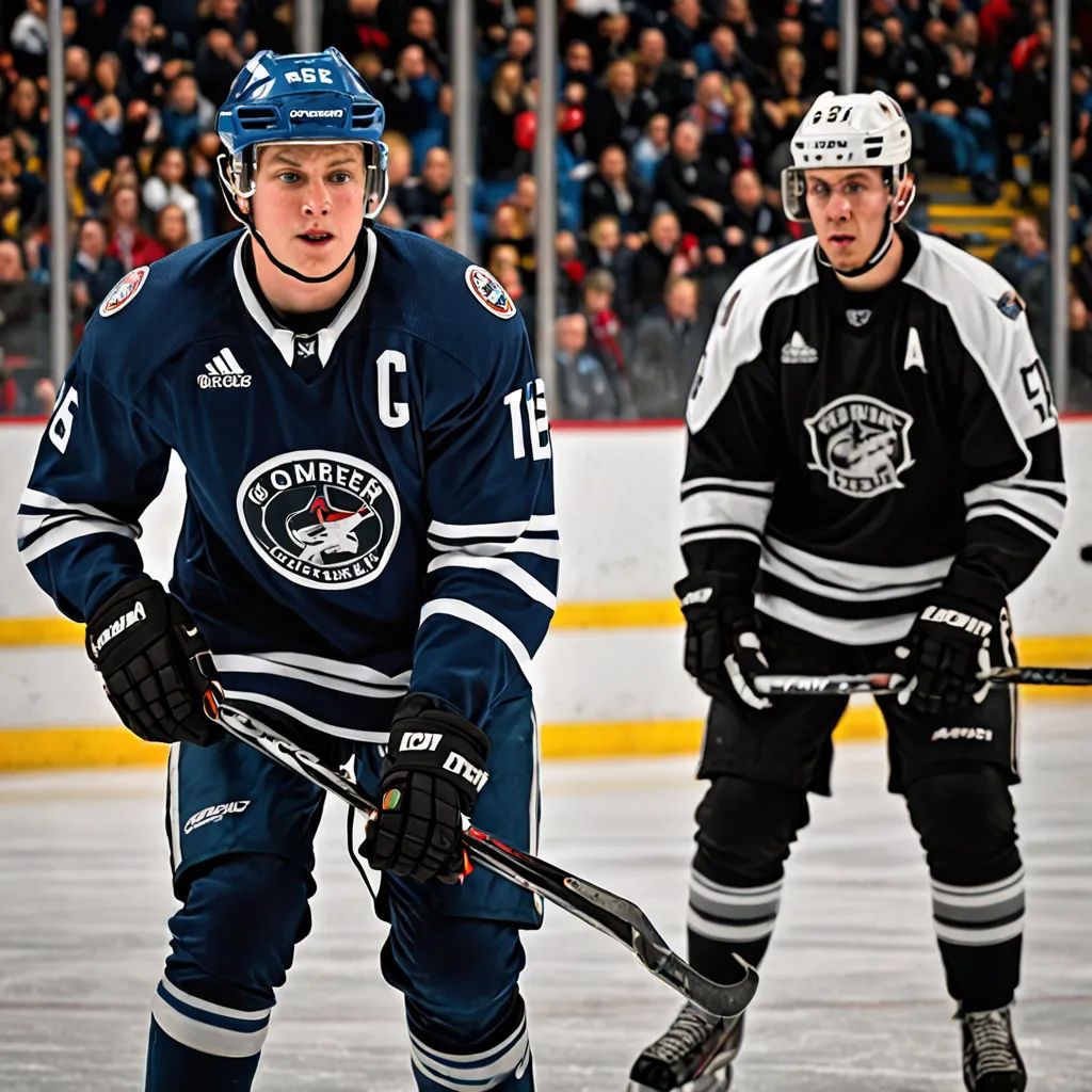 two hockey players are playing on the ice in front of a crowd of people watching them play hockey on the ice, private press, a renaissance painting, Andrew Domachowski, for aaa game