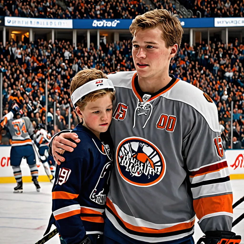 a man and a boy are standing on the ice together in front of a crowd of people in a hockey stadium, dada, a storybook illustration, Adam Bruce Thomson, gritty
