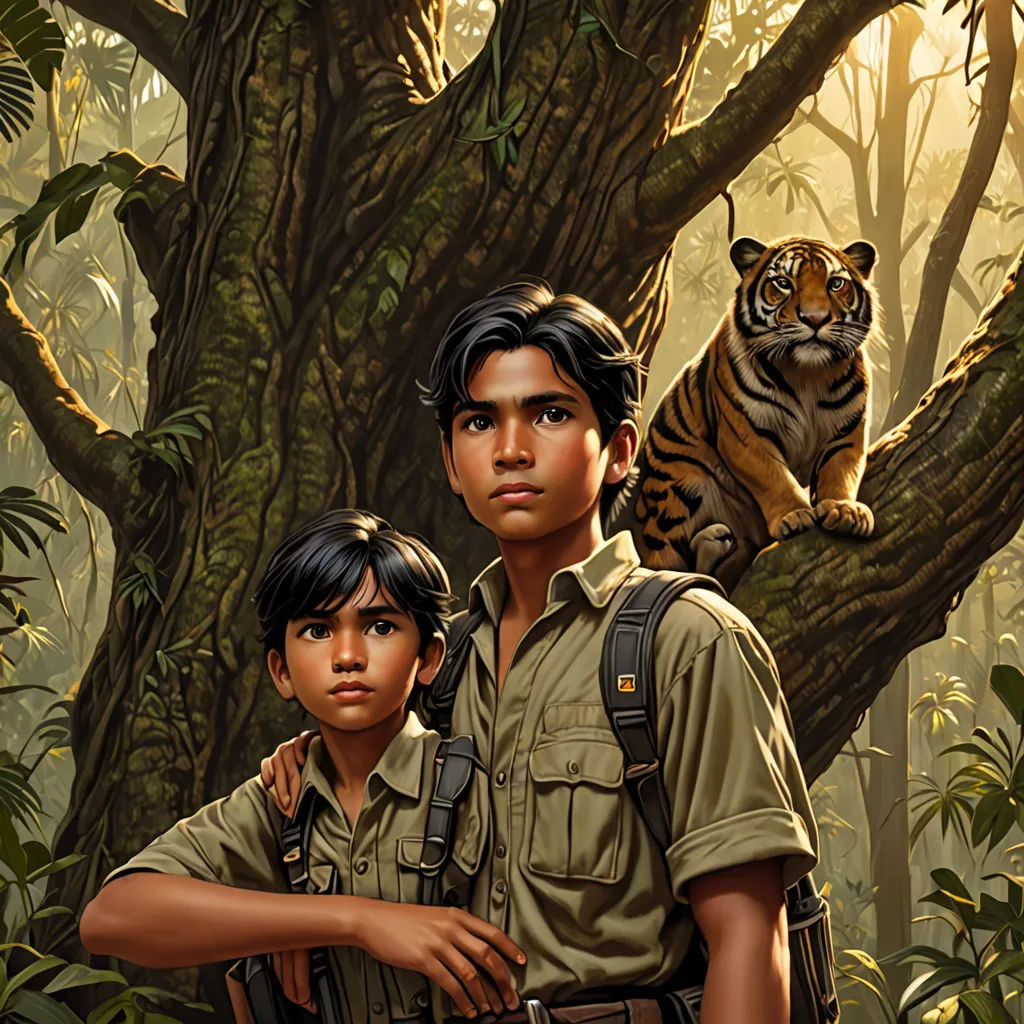 a painting of two people standing in front of a tiger in the jungle with a tiger on his shoulder, sumatraism, concept art, Brothers Hildebrandt, official art