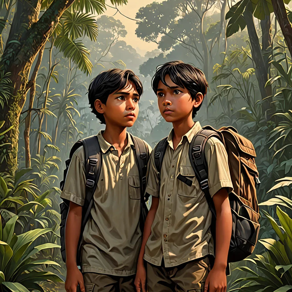 two boys standing in a jungle with a backpack on their shoulders and a backpack on their back, both looking at the camera, photorealism, a detailed matte painting, Brothers Hildebrandt, highly detailed digital painting