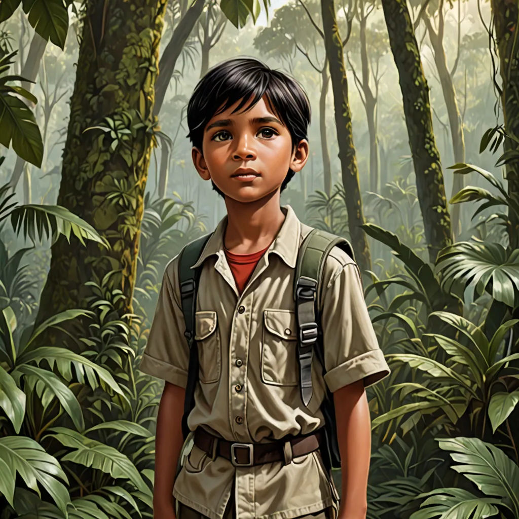 a painting of a boy in a jungle with a backpack on his back and a jungle background with trees and plants, american realism, a character portrait, David Palumbo, highly detailed digital painting