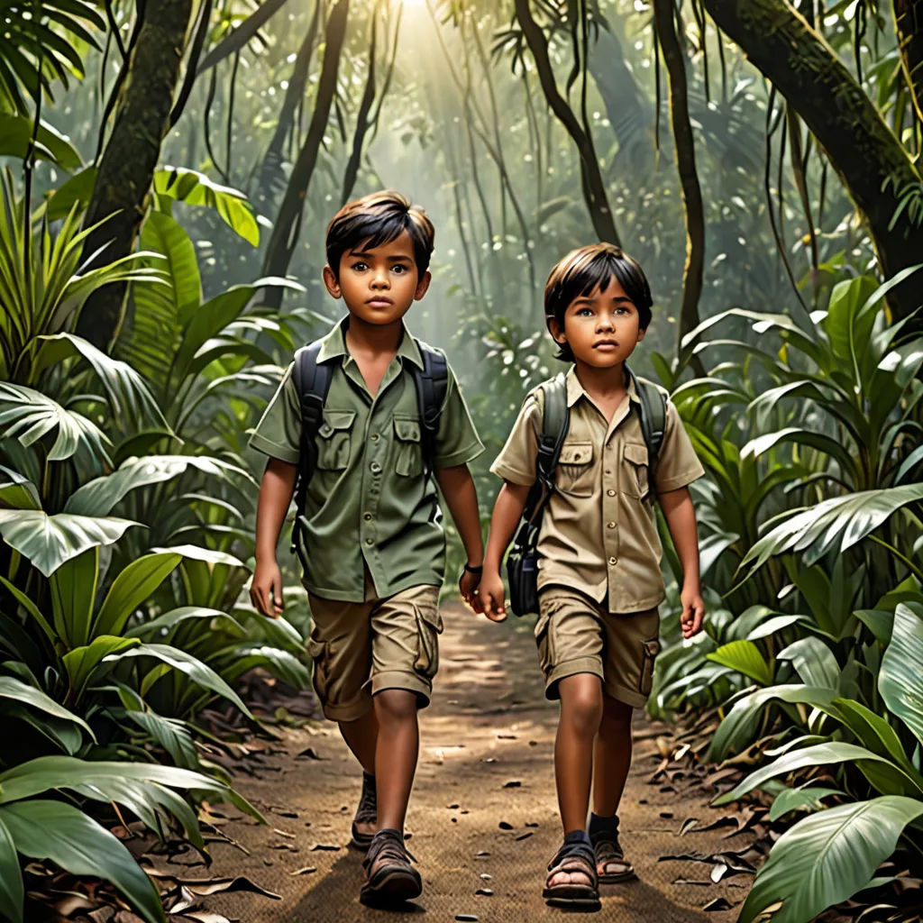 two children walking in the jungle with backpacks on their backs and a backpack on their shoulder, with the sun shining through the trees, sumatraism, a detailed matte painting, Daniel Lieske, promotional image