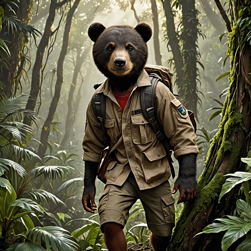 a man in a jungle with a bear mask on and a backpack on his back walking through the jungle, primitivism, a character portrait, Chris LaBrooy, weta digital
