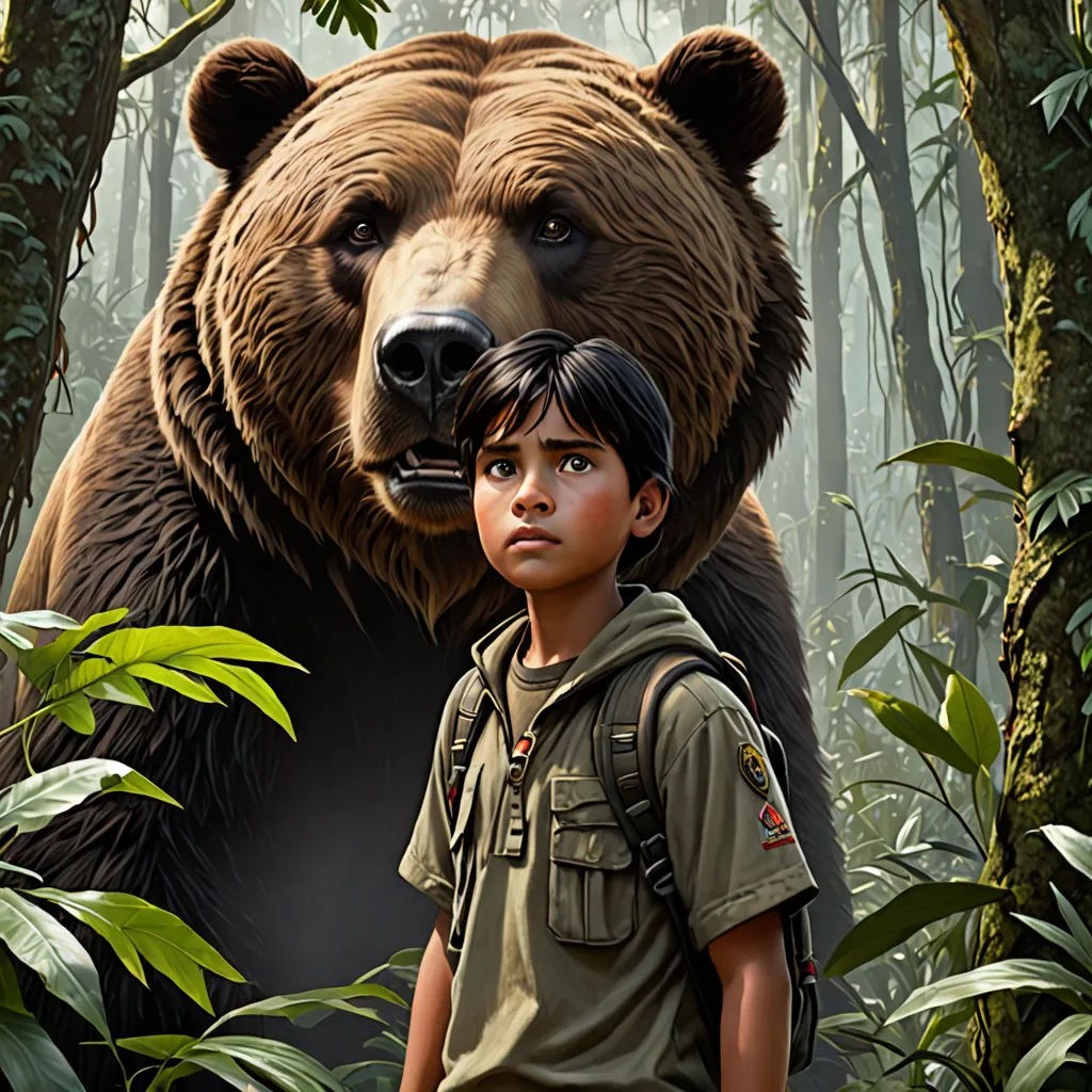 a boy and a bear in the woods with a forest background and trees and leaves, and a boy in a green shirt and a backpack, photorealism, a digital painting, Aaron Jasinski, highly detailed digital painting
