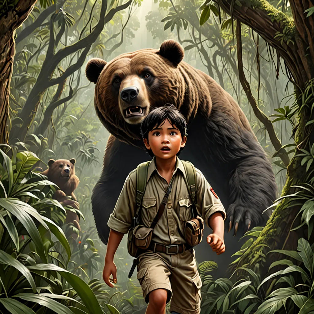 a boy and a bear in a jungle with trees and plants and a man in a backpack walking towards a bear, photorealism, poster art, Drew Struzan, official art