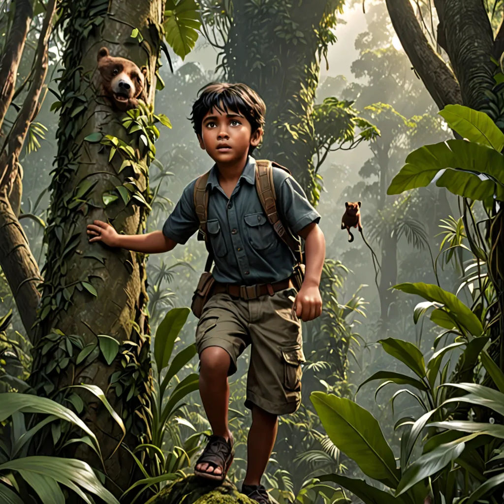 a boy is walking through the jungle with a bear on his back and a bear on his shoulder,, photorealism, a detailed matte painting, Cliff Childs, promotional image