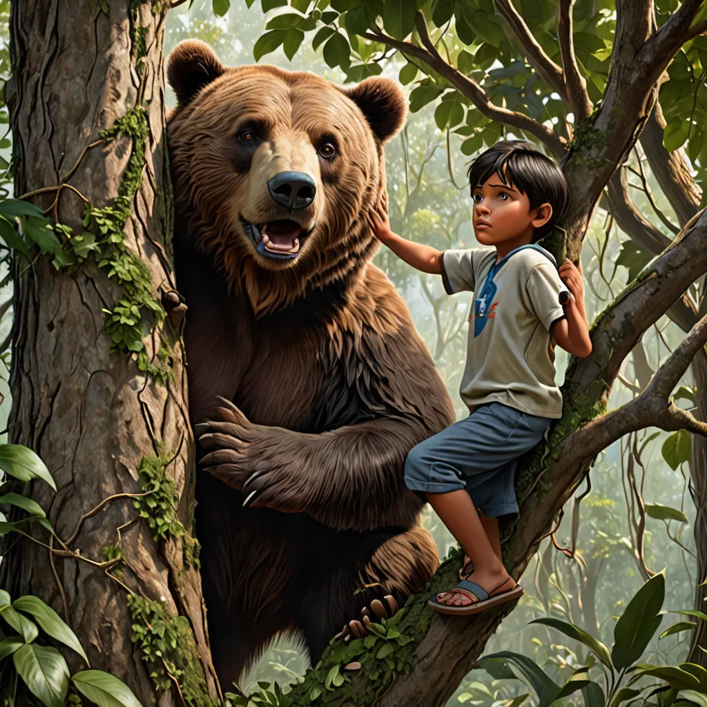 a boy is climbing a tree with a bear in the background and a bear on the tree trunk with a boy on it, furry art, a storybook illustration, Chris LaBrooy, highly detailed digital painting