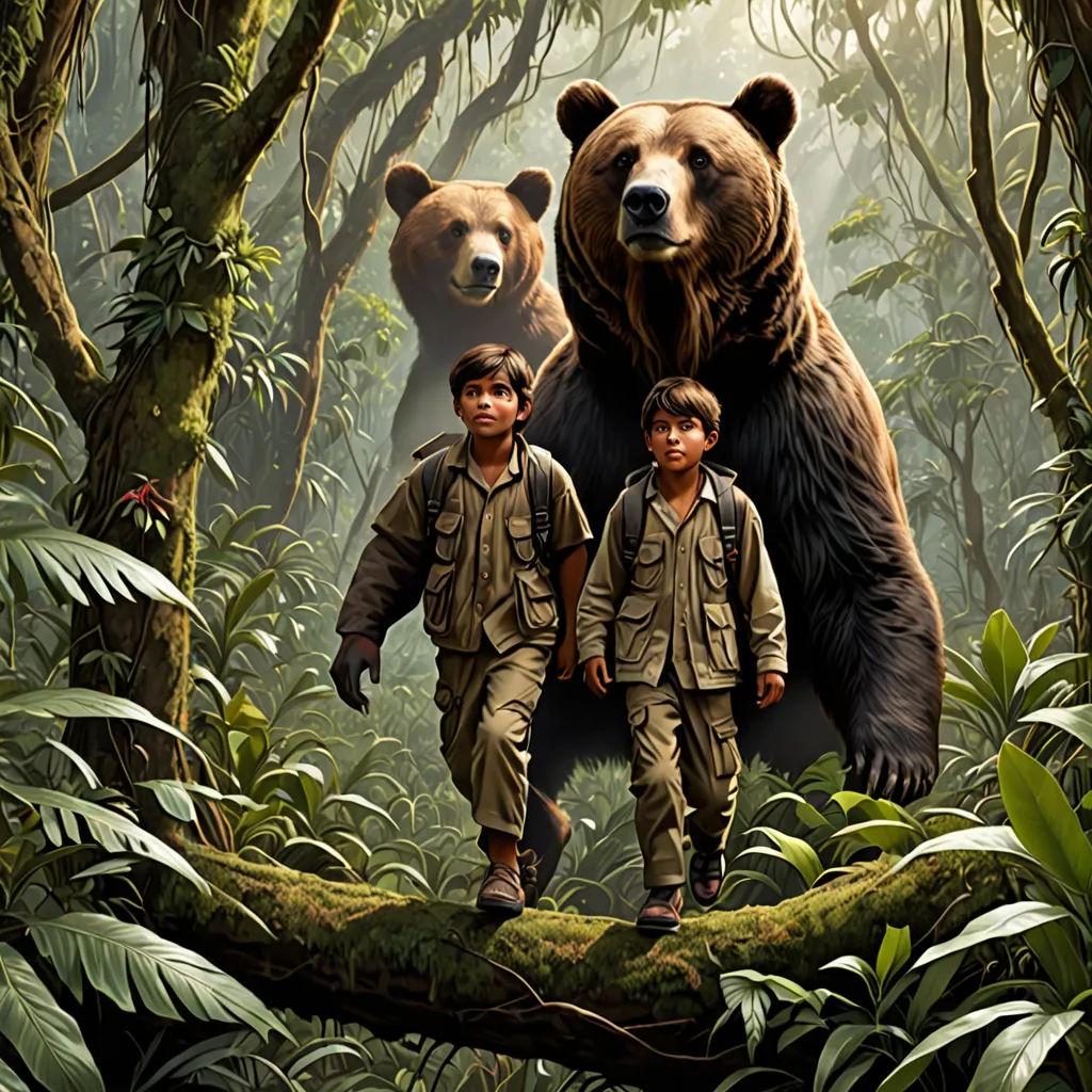 a group of people standing in the middle of a forest with a bear on it's back and two bears on their backs, primitivism, a detailed matte painting, Drew Struzan, key art