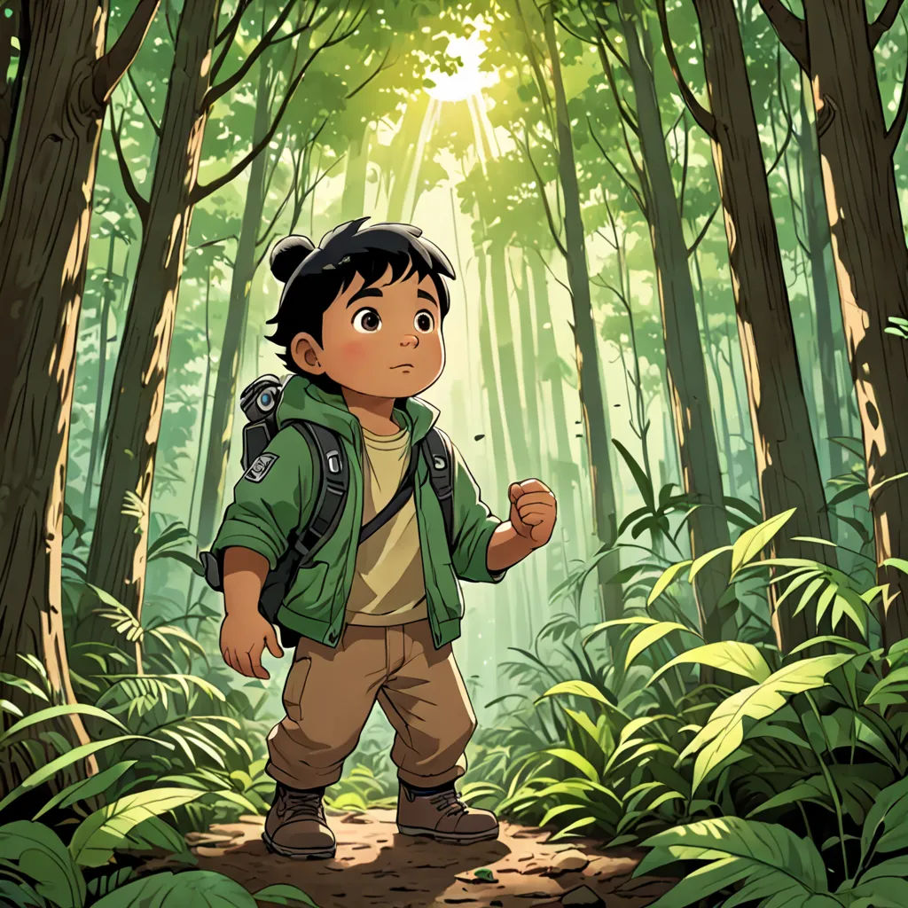 a boy in a forest with a backpack on his back and a backpack on his shoulder, standing in the middle of a forest, environmental art, a character portrait, Diego Gisbert Llorens, yukito kishiro