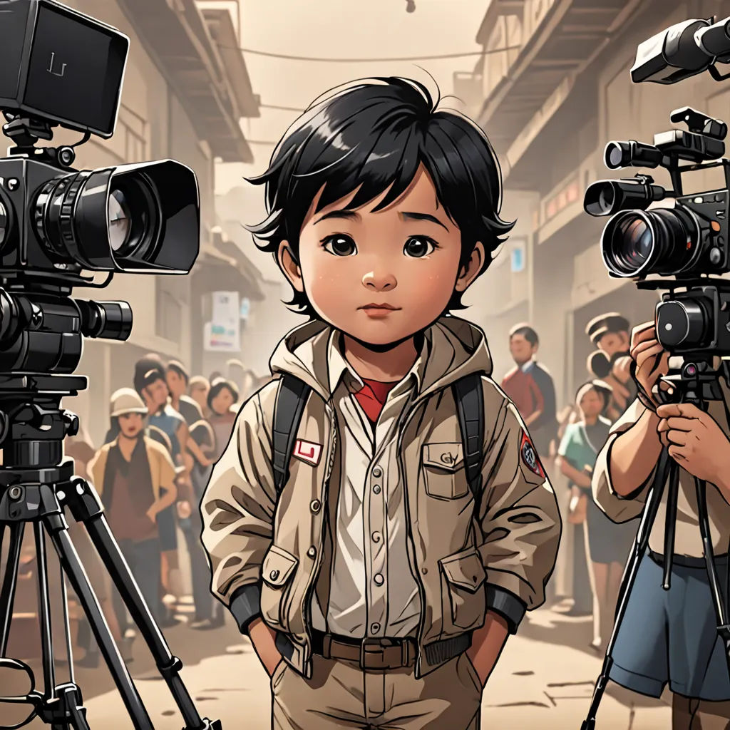 a boy is standing in front of a camera and a video camera is behind him and people are standing in the background, photorealism, a comic book panel, Dustin Nguyen, yukito kishiro