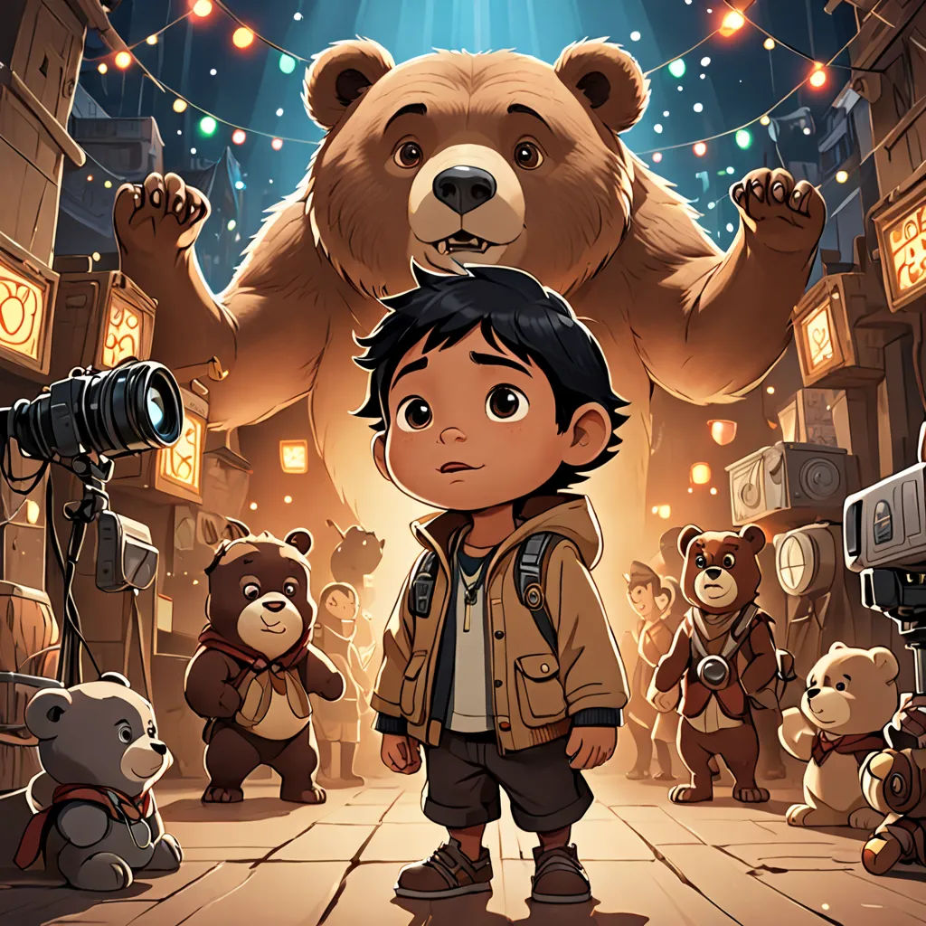 a boy standing in front of a large teddy bear in a movie theater with a camera and a bunch of other teddy bears, serial art, a storybook illustration, Diego Gisbert Llorens, key art